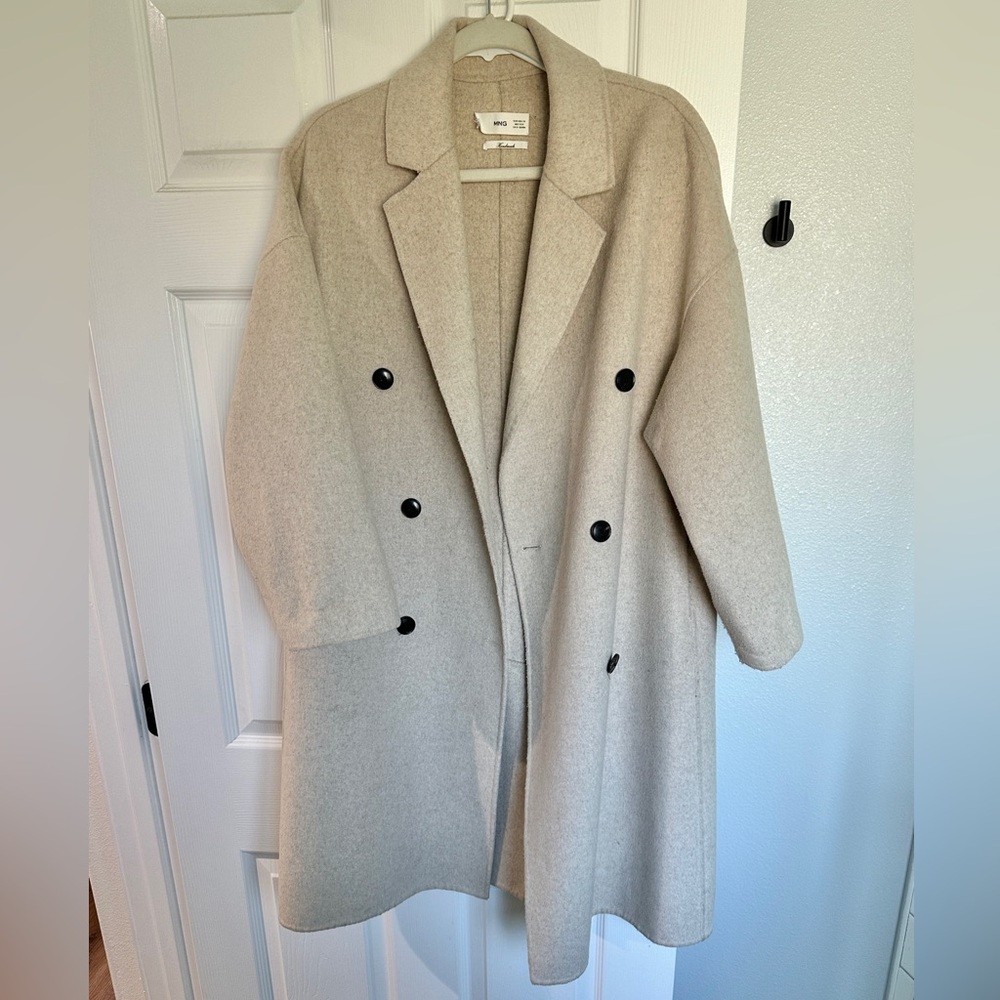 Mango Beige Double-Breasted Long Wool Blend Coat Double Faces